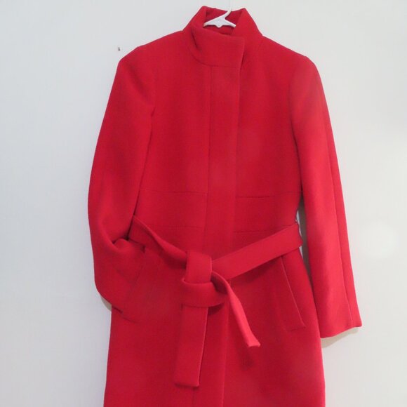 J.Crew Funnel Neck Red Coat with Tie Belt Size 0 - Picture 10 of 11